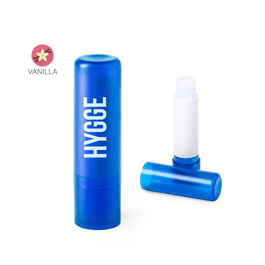 A blue lip balm tube with a white stick inside, featuring a branding logo on the packaging. Nirox Lip Balm - Image 1