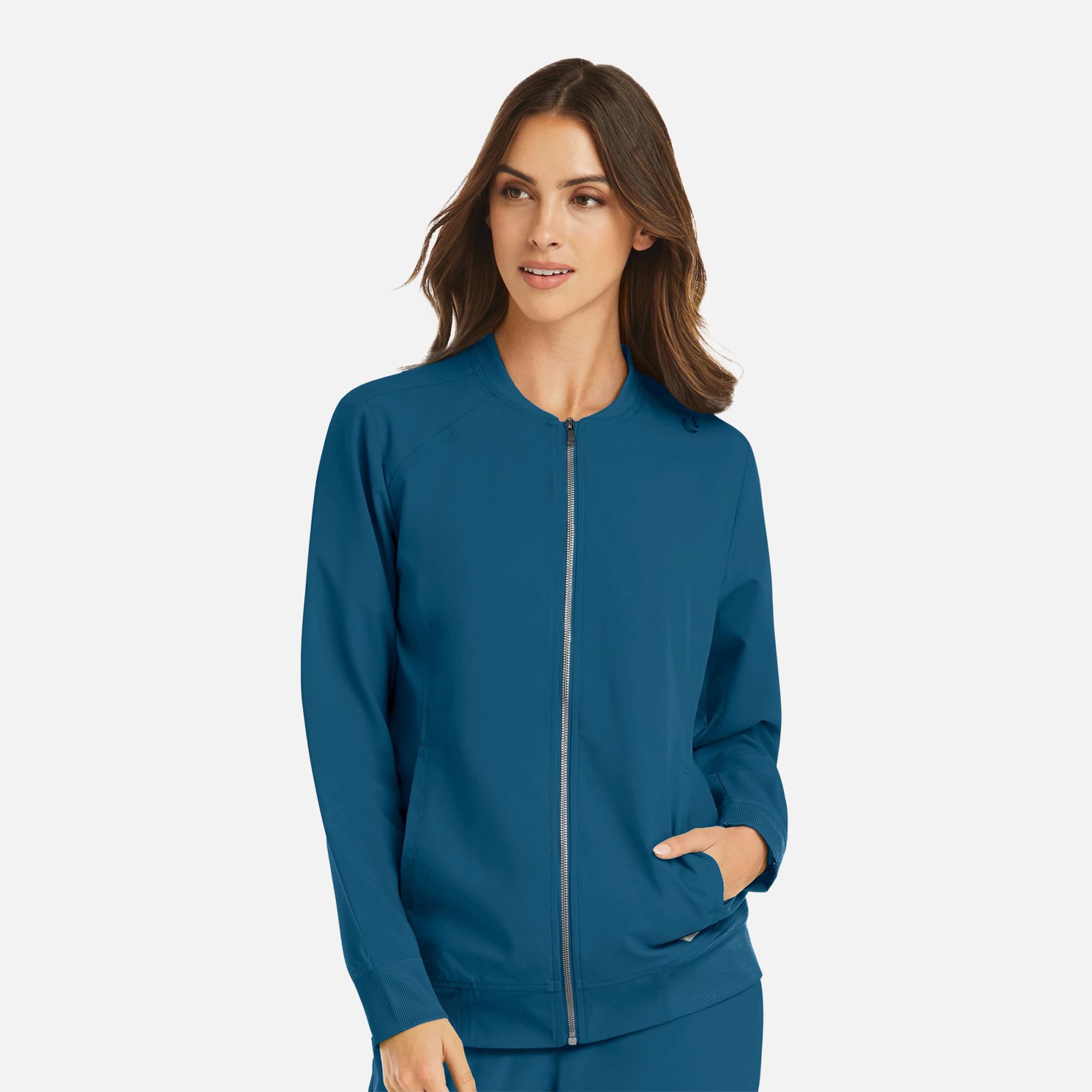 A women's full zip bomber jacket in a rich teal colour, featuring a sleek design and zip closure. Momentum Womens Full Zip Bomber Jacket - Image 1