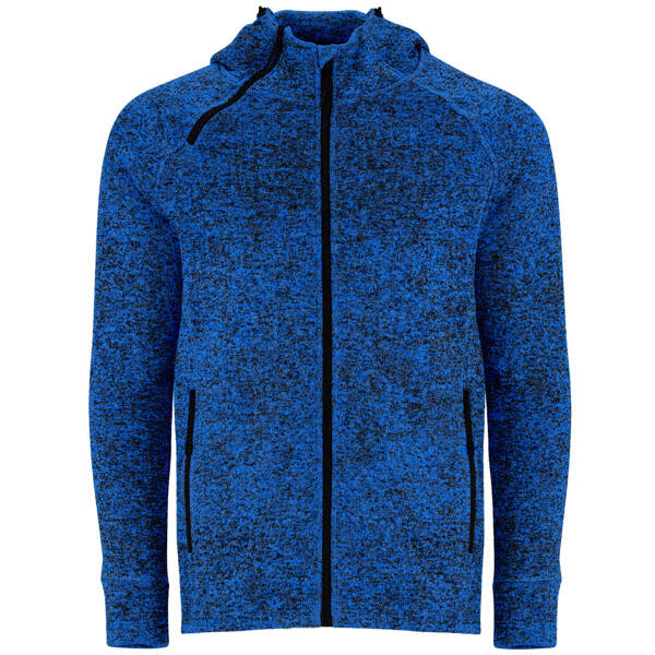 A blue Everest Sweat Jacket featuring a zip front, two side pockets, and a hood, with a textured fabric design. Everest Sweat Jacket - Image 1