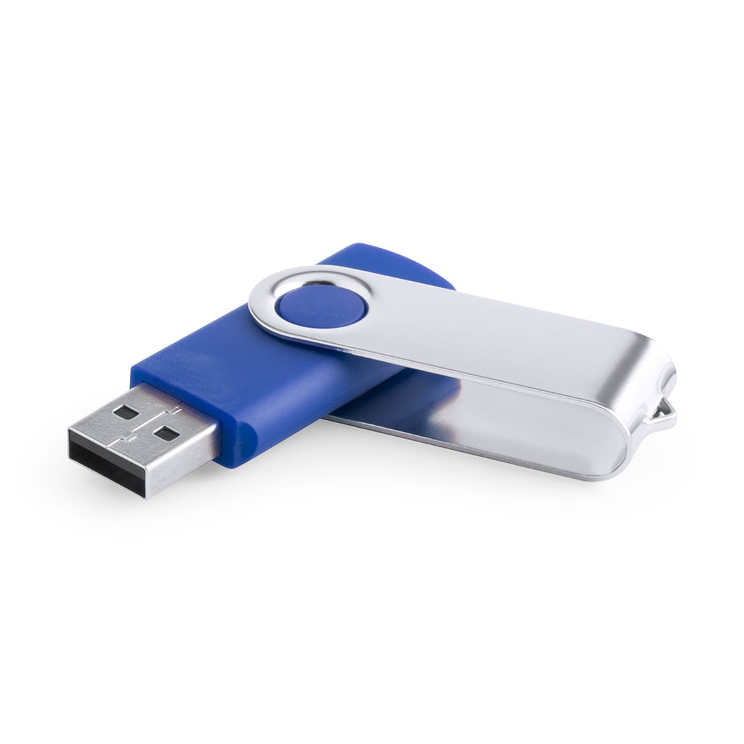 A blue and silver Rebik 16GB USB memory flash drive, featuring a rotating metal cover and a logo. Rebik 16GB USB Memory - Image 1
