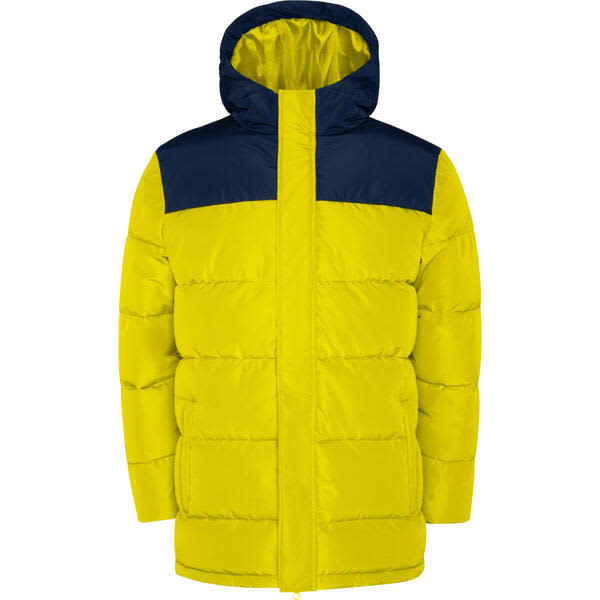 A yellow and navy water-repellent parka with a hood and puffy design, featuring a logo on the chest area. Tallin Water-Repellent Parka (Youth) - Image 1
