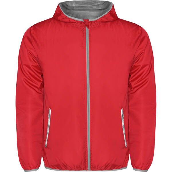 A red windbreaker jacket featuring a grey lining and zippered pockets, with a hood and a branding logo. Angelo Windbreaker - Image 1