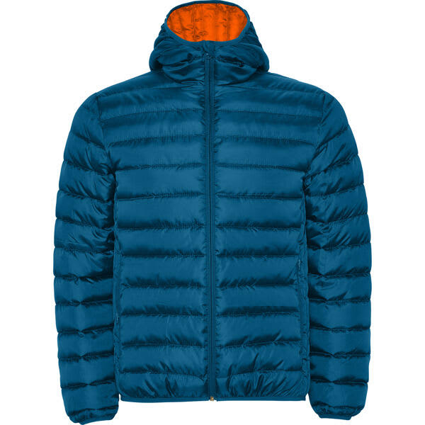 A waterproof hooded jacket in a deep blue colour with an orange inner lining, featuring a zip closure and puffy design. Norway Waterproof Hooded Jacket - Image 1