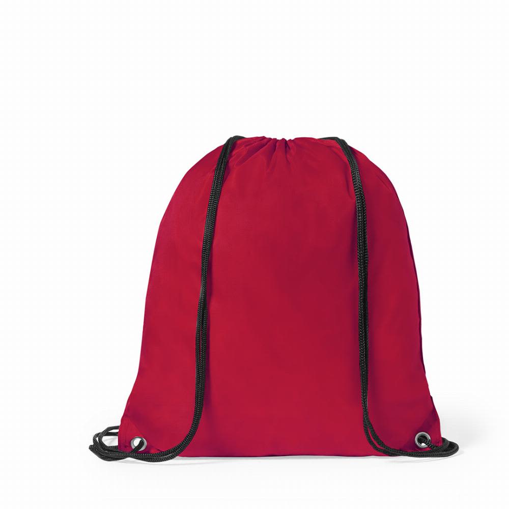 A red drawstring backpack with black straps and eyelets. The bag has a simple, solid design. Dinki - Image 1