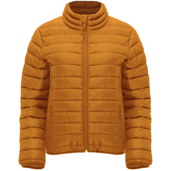 A women's waterproof jacket in a warm mustard yellow, featuring a zip front and stand-up collar. It has a simple logo. Finland Womens Waterproof Jacket - Image 1
