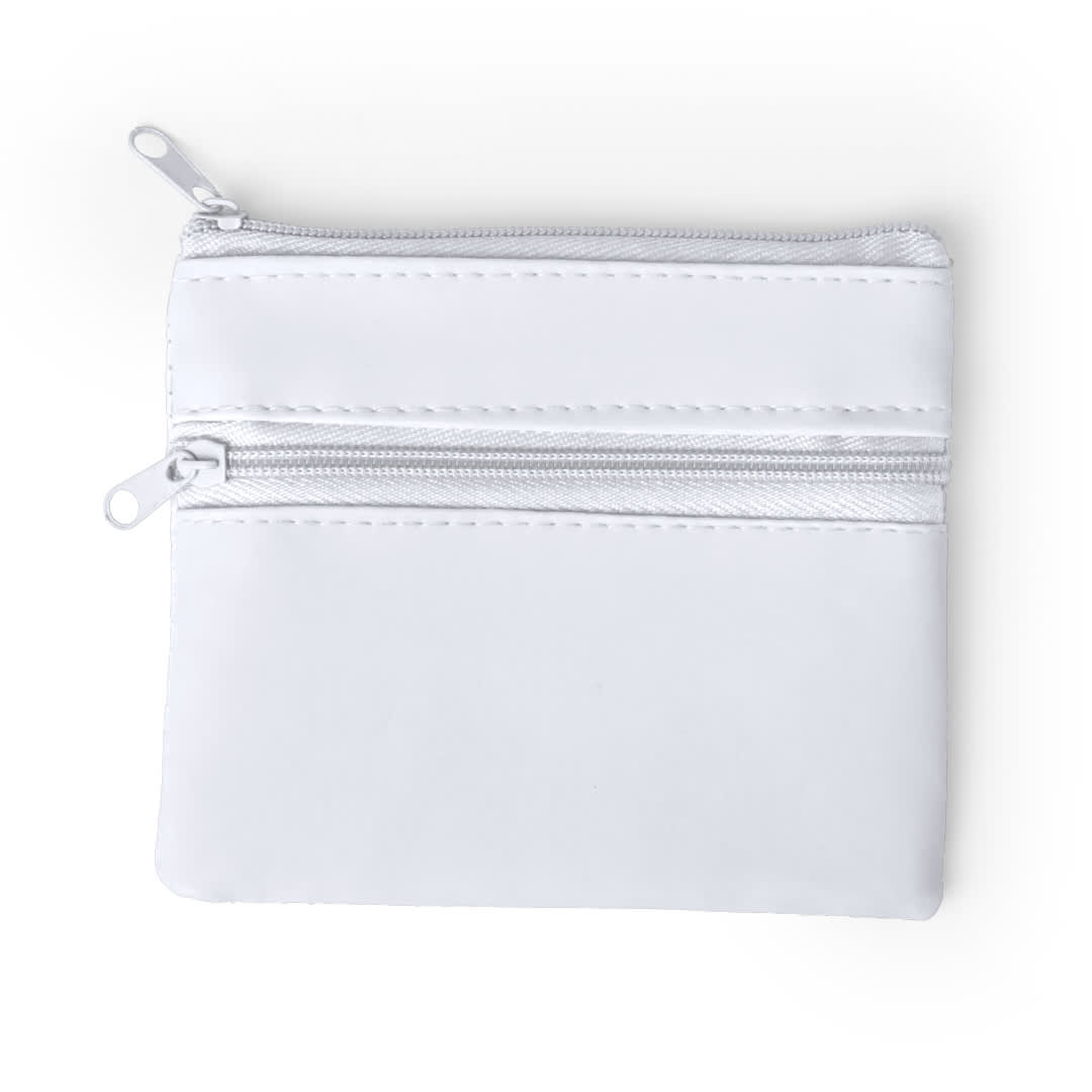 A white purse with two zippered compartments and a smooth finish. It features a simple design and has a branding logo. Ralf Purse - Image 1