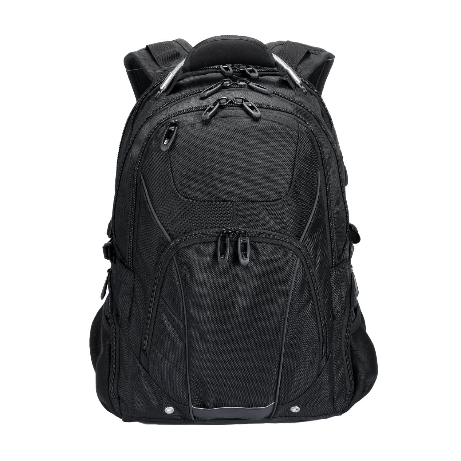 A black Eiger backpack with multiple zippers and compartments, featuring a logo on the front. Eiger Backpack - Image 1