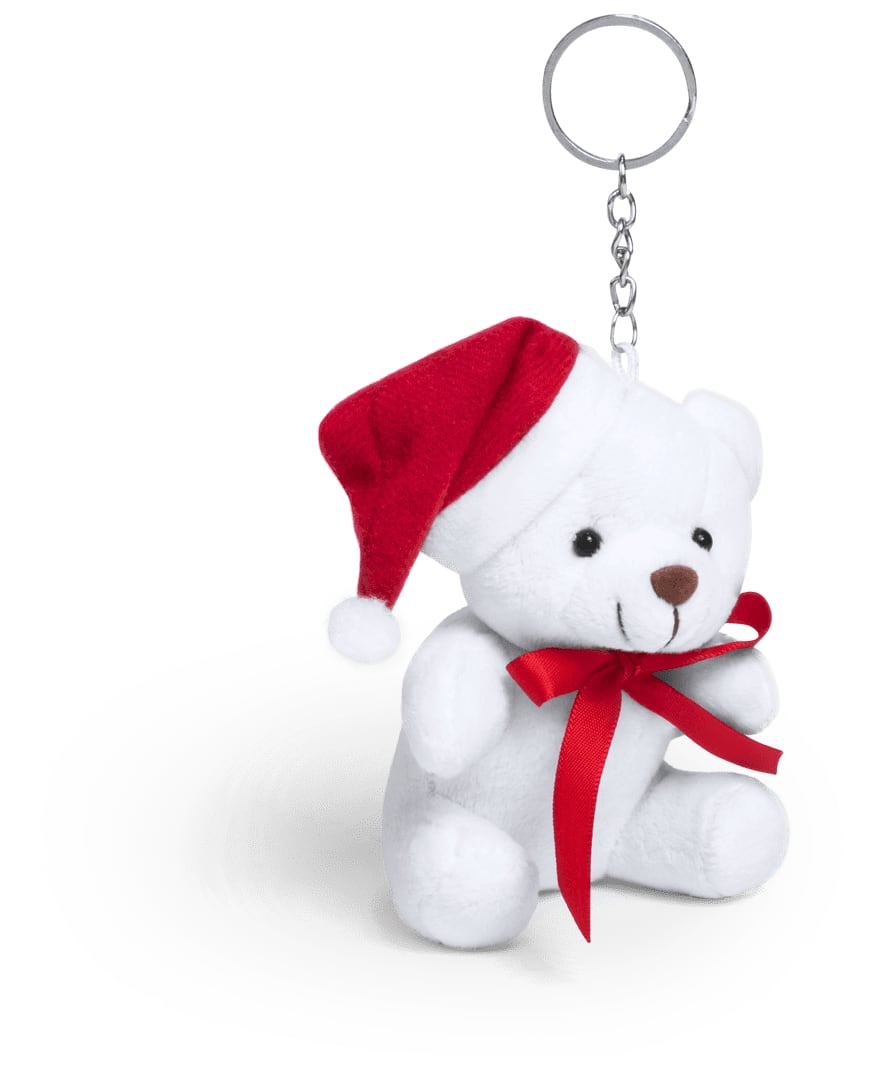 A white teddy bear keyring wearing a red Santa hat and red ribbon, attached to a metal chain. Glenda Keyring Teddy - Image 1