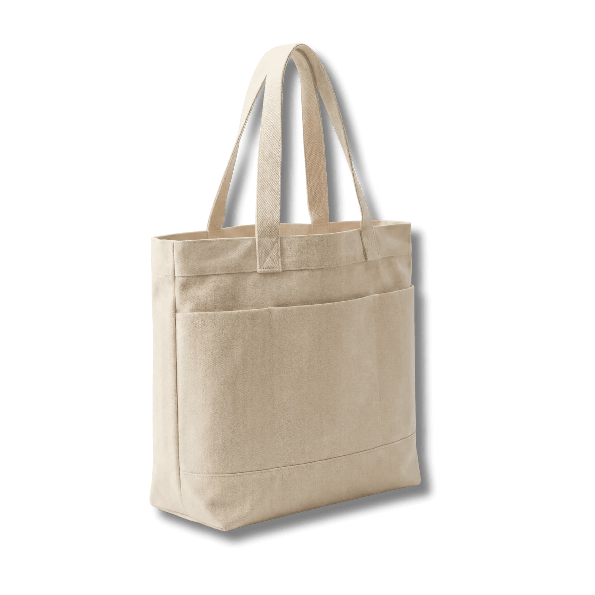 A cream tote bag featuring three pockets and two sturdy handles, with options in black and navy. Proper Tote Bag with 3 Pockets - Image 1