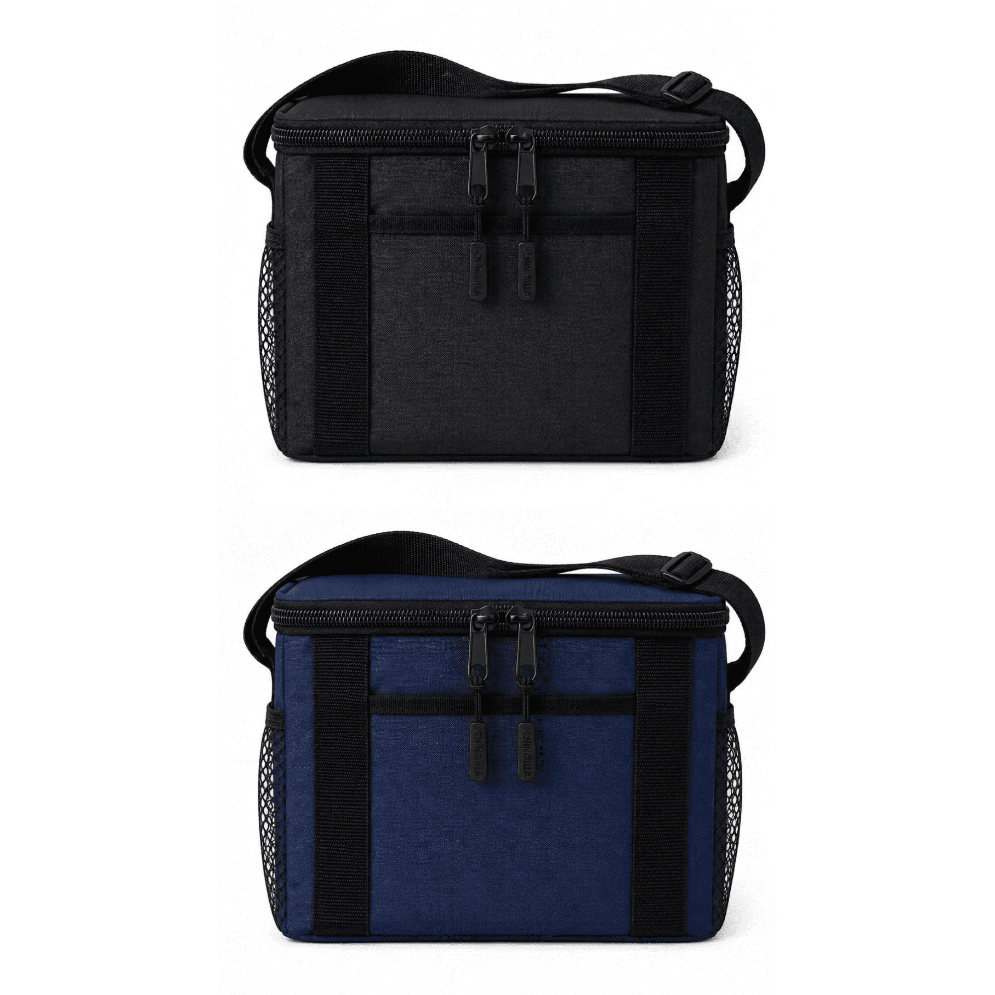 A cooler bag in black and navy, featuring a zip closure and mesh side pockets, with an adjustable strap. Prism Cooler Bag - Image 1