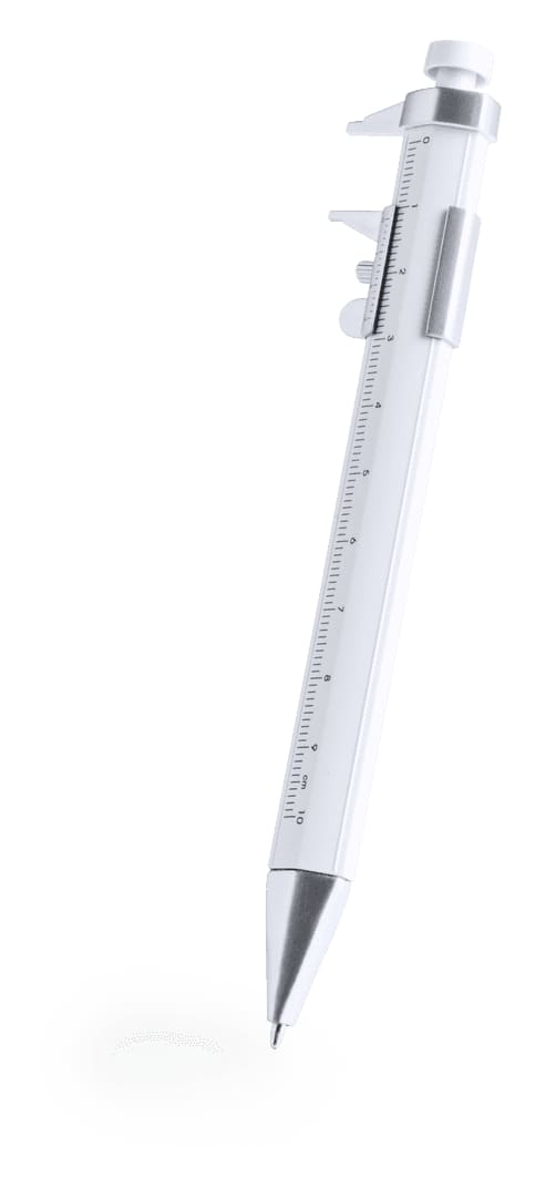 A white multifunction pen with a silver clip and ruler markings, featuring a sleek design and a branding logo. Contal Multifunction Pen - Image 1