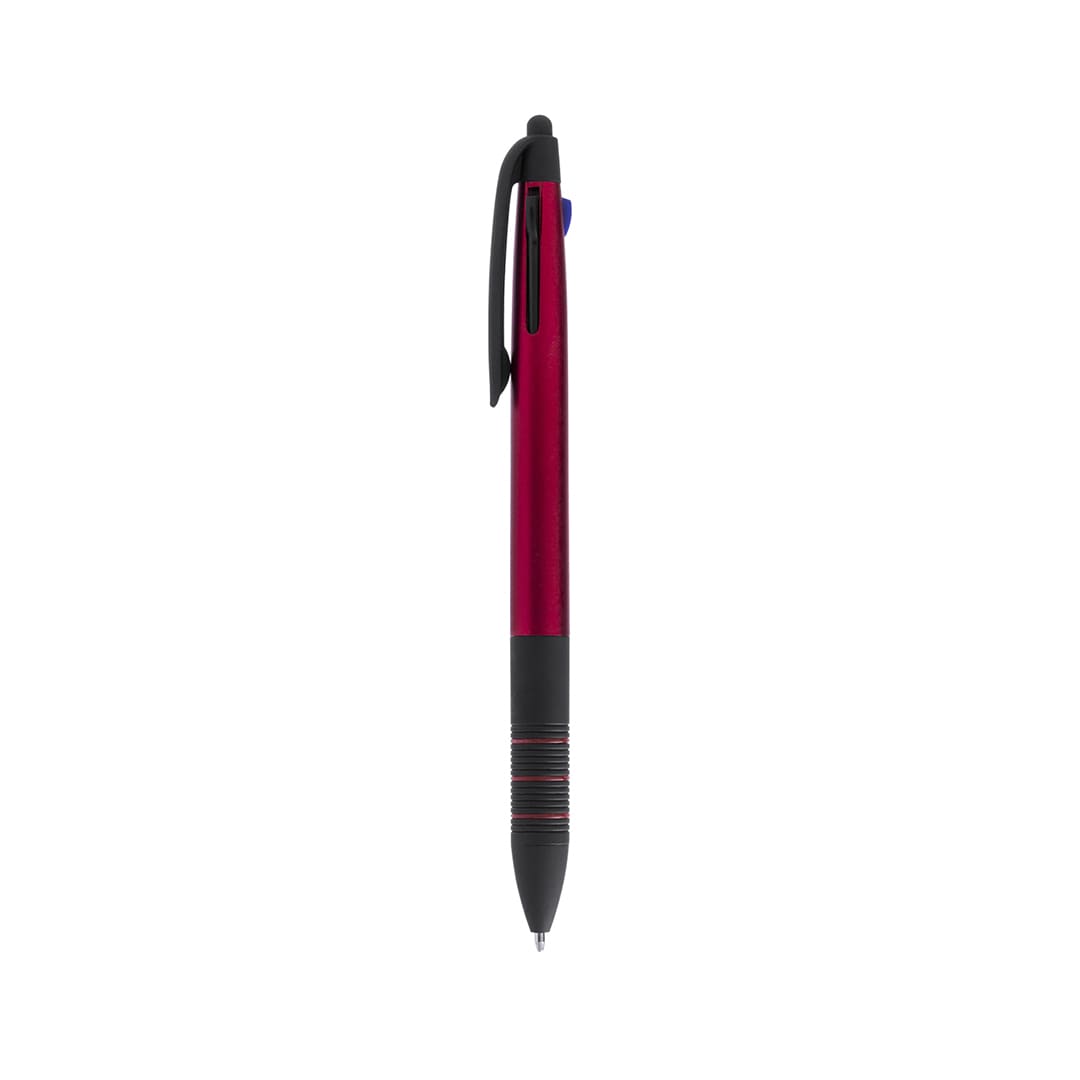 A red stylus touch ball pen with a black grip and clip, featuring a logo. Betsi Stylus Touch Ball Pen - Image 1