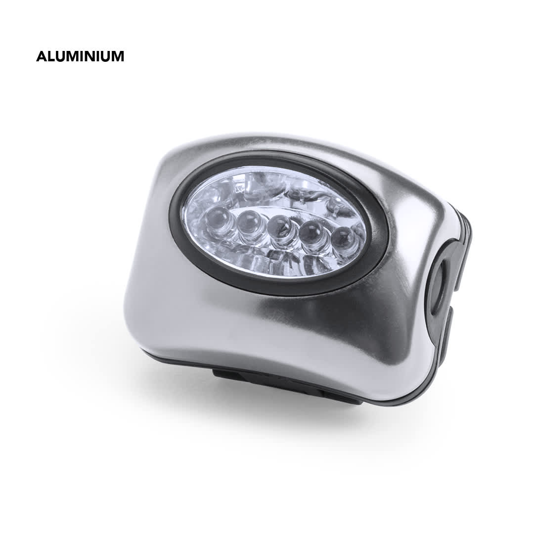 A silver aluminium torch with five LED lights and a curved design. Features a logo on the surface. Lokys Torch - Image 1