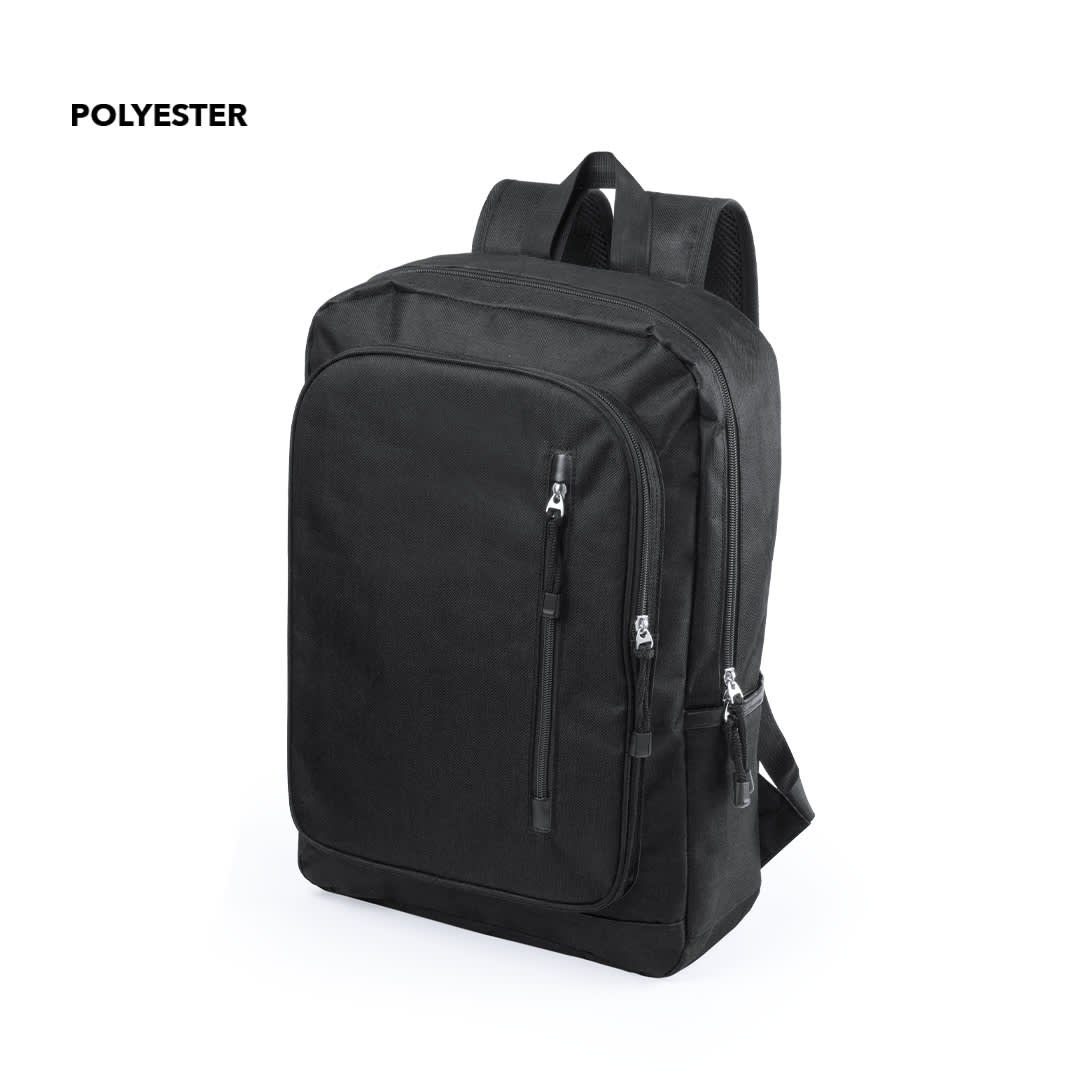 A black backpack features multiple zippered compartments and a sturdy design, with adjustable straps and a logo. Donovan Backpack - Image 1