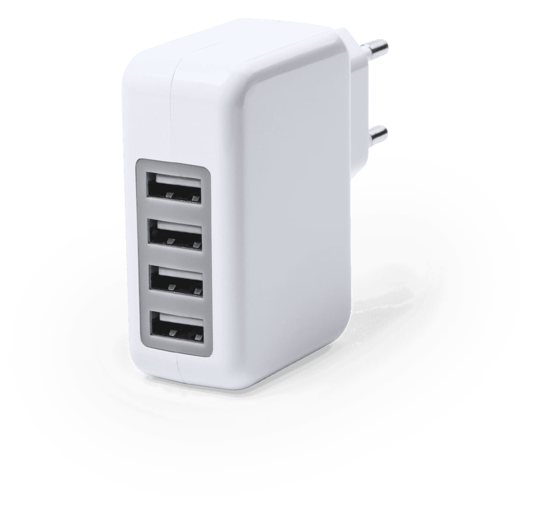 A white USB charger with four ports, featuring a compact design and an integrated plug. Gregor USB Charger - Image 1