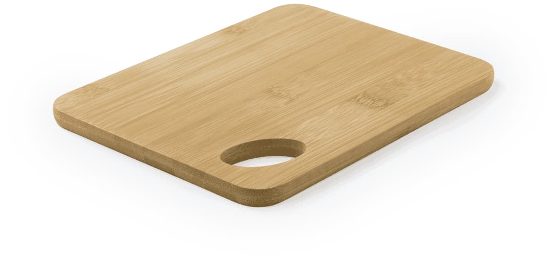 A bamboo cutting board with a smooth surface and a circular handle cutout, featuring a natural wood finish. Ruban Kitchen Cutting Board - Image 1