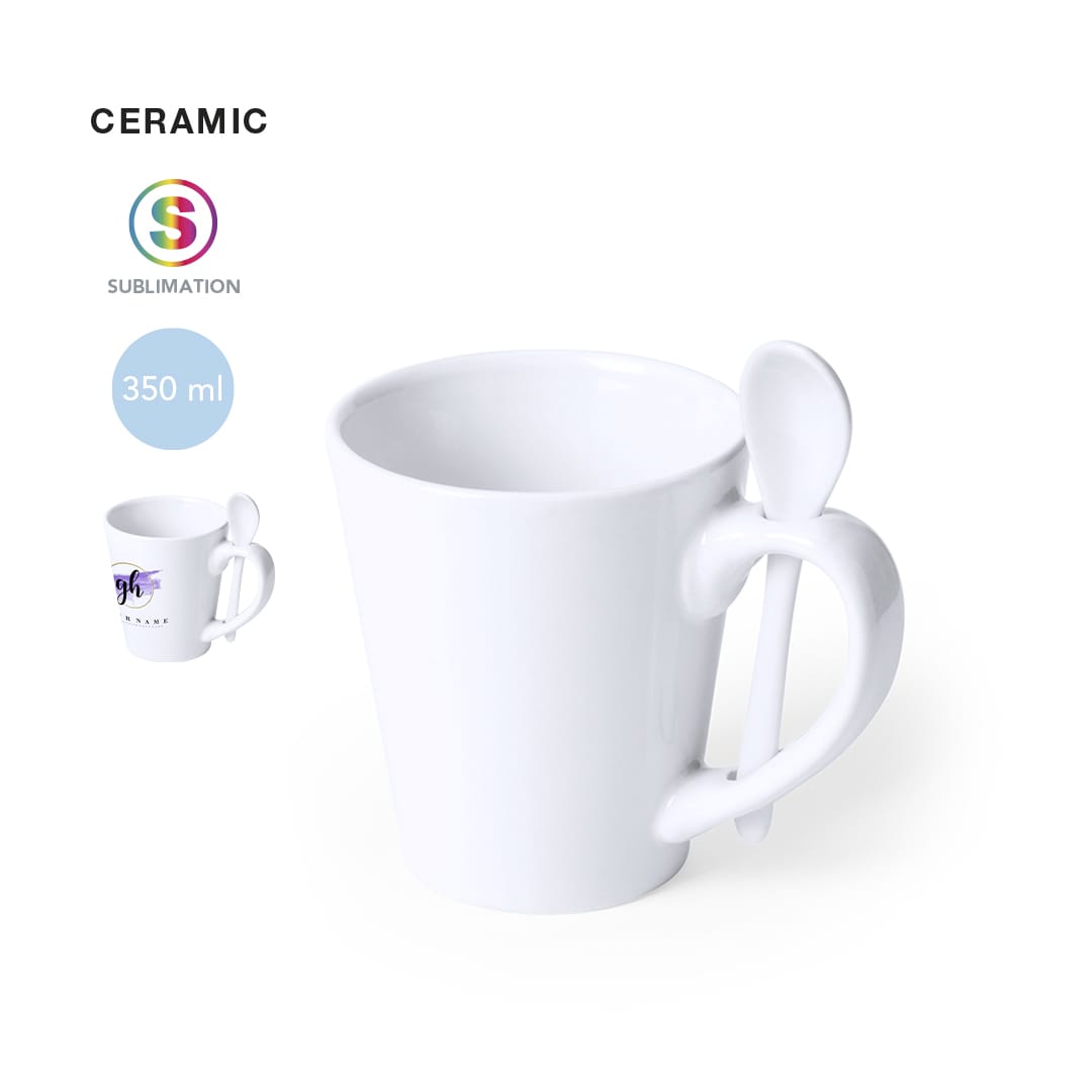 A white ceramic coffee mug with a unique handle design and an attached spoon, holding 350 ml. It features a logo. Kaffir Sublimation Mug - Image 1