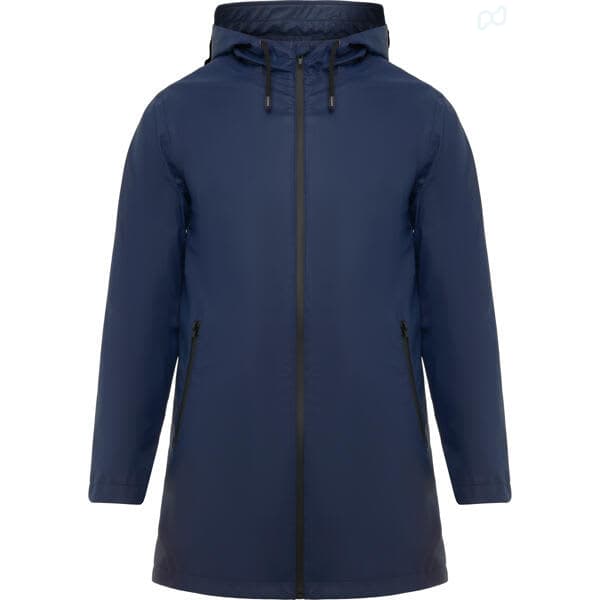 A navy waterproof raincoat featuring a hood, zippered front, and side pockets. It has a brand logo on it. Sitka Waterproof Raincoat - Image 1