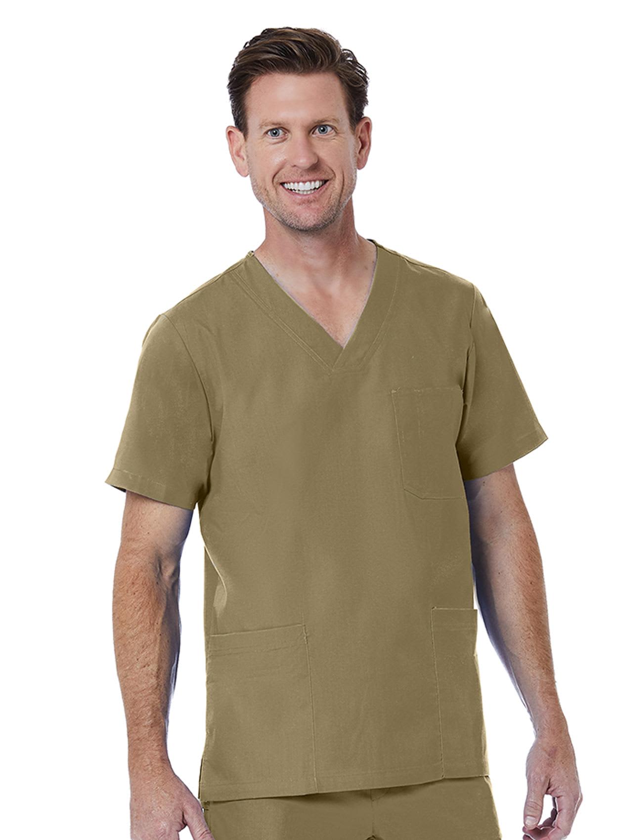 A men's V-neck top in khaki with a pocket and short sleeves, featuring a branding logo. Red Panda Mens V-Neck Top - Image 1
