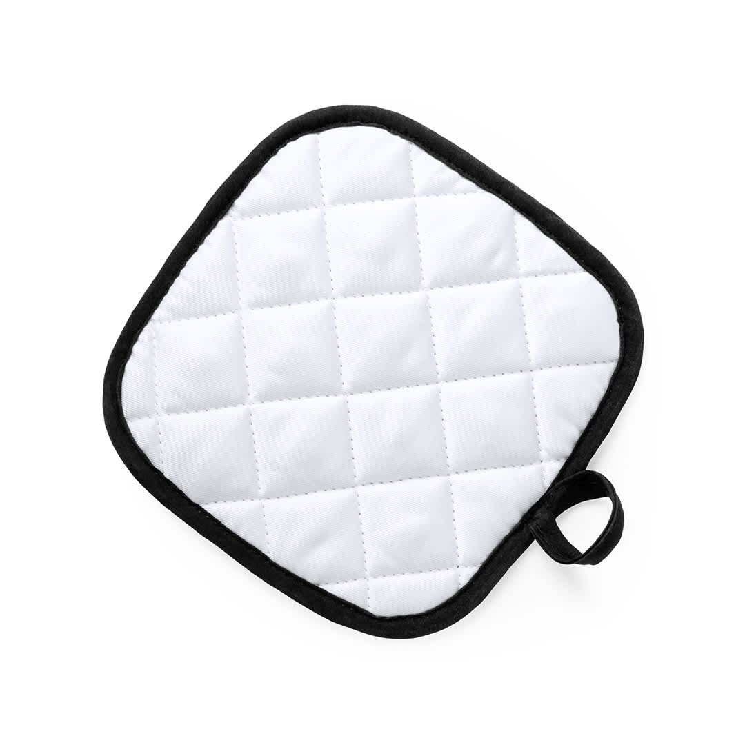 A square pot holder in white with a black trim and quilted design, featuring a loop for hanging. Kalmont Pot Holder - Image 1
