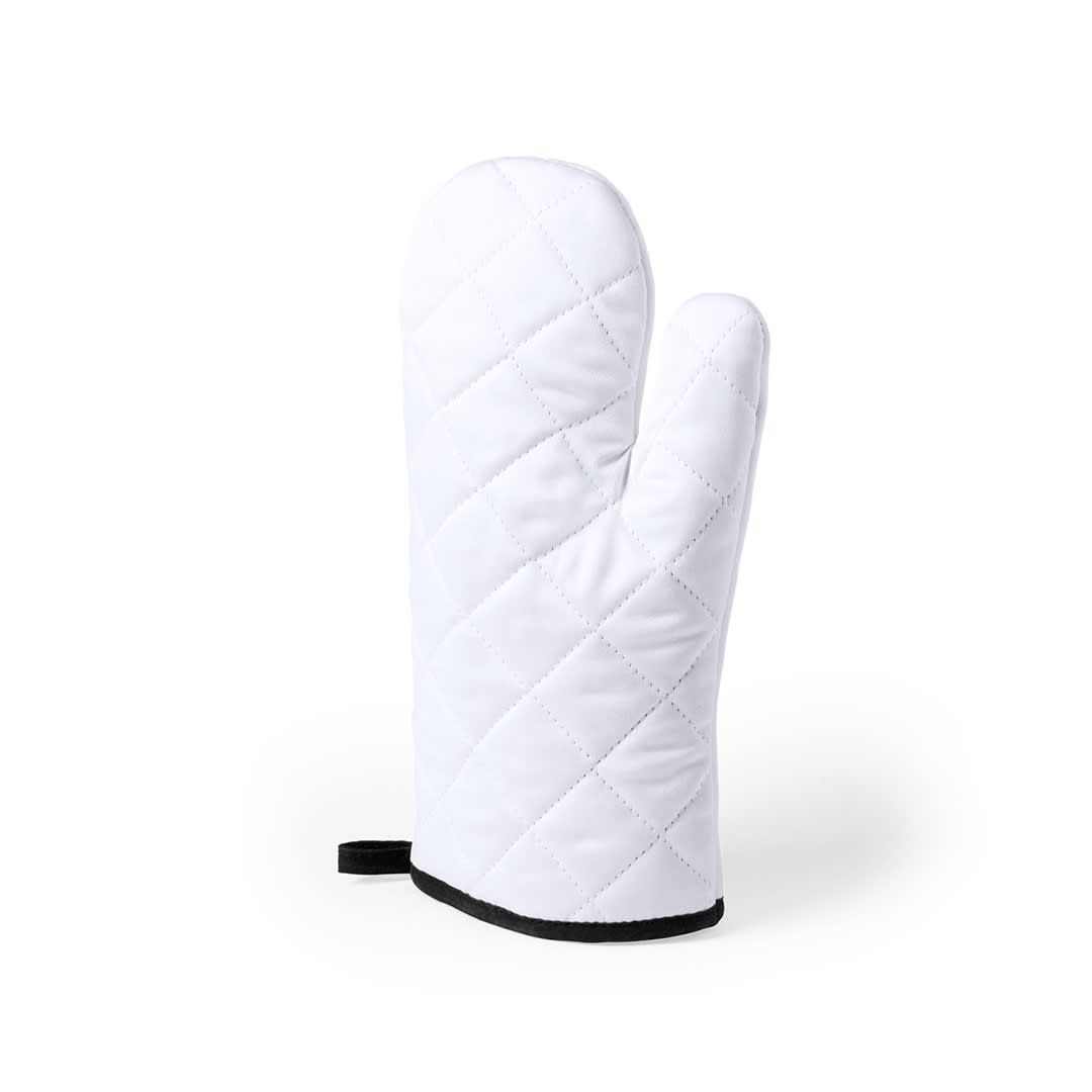 A white quilted kitchen mitten with a black trim and a hanging loop. It has a logo on the surface. Silax Kitchen Mitten - Image 1