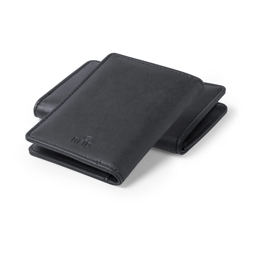 A black RFID-blocking business card holder with a sleek design, featuring a logo. Brigit Card Holder - Image 1