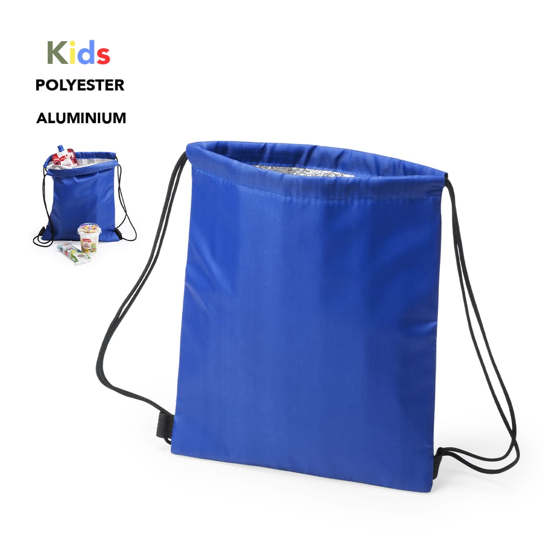A blue drawstring cooler bag made of polyester and aluminium, featuring a drawstring closure and some items inside. Tradan Drawstring Cool Bag - Image 1