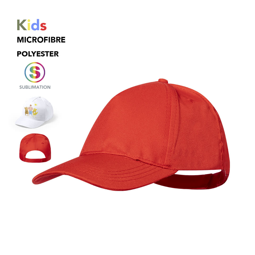A bright red kids' cap made of microfibre and polyester, featuring a logo and a curved brim. Modiak Kids Cap - Image 1