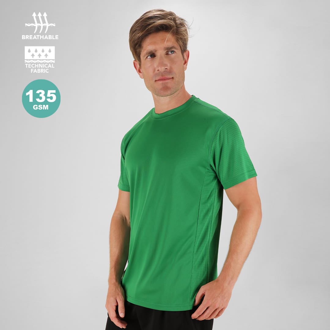 A green adult T-shirt made from breathable technical fabric, featuring a logo on the upper left. Tecnic Rox Adult T-Shirt - Image 1