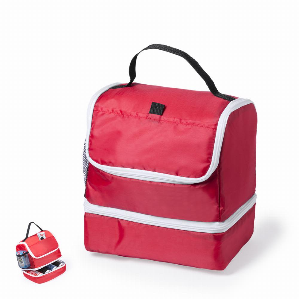 A red insulated lunch bag with a top handle and dual zip compartments. Includes a smaller version in the corner. Artirian - Image 1