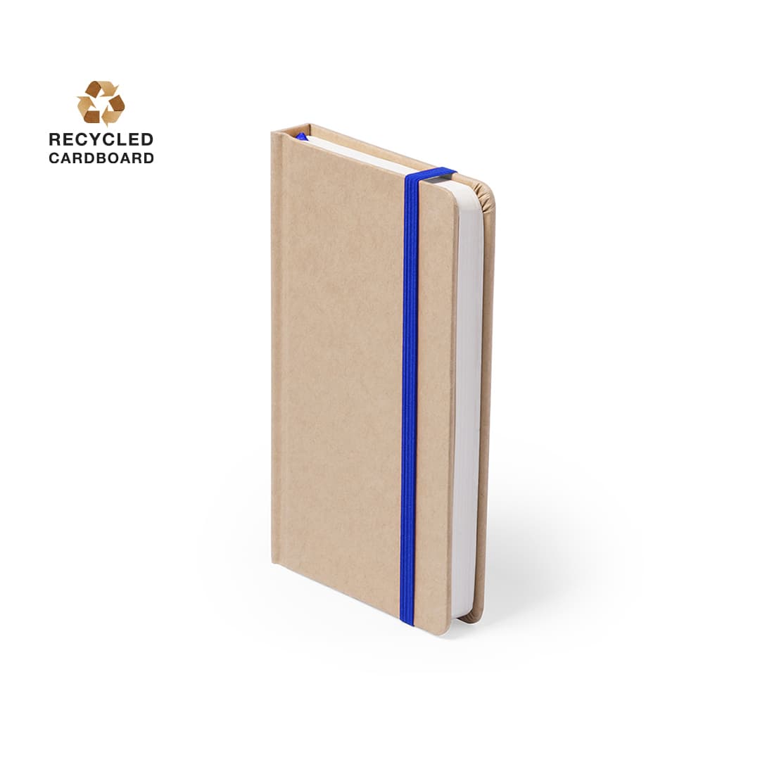 A notepad with a brown recycled cardboard cover and blue elastic band, featuring blank white pages. Raimok Notepad - Image 1