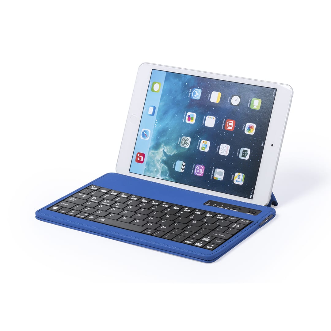 A blue Tyrell Keyboard Holder with a tablet displaying apps, featuring a built-in keyboard and sleek design. Tyrell Keyboard Holder - Image 1