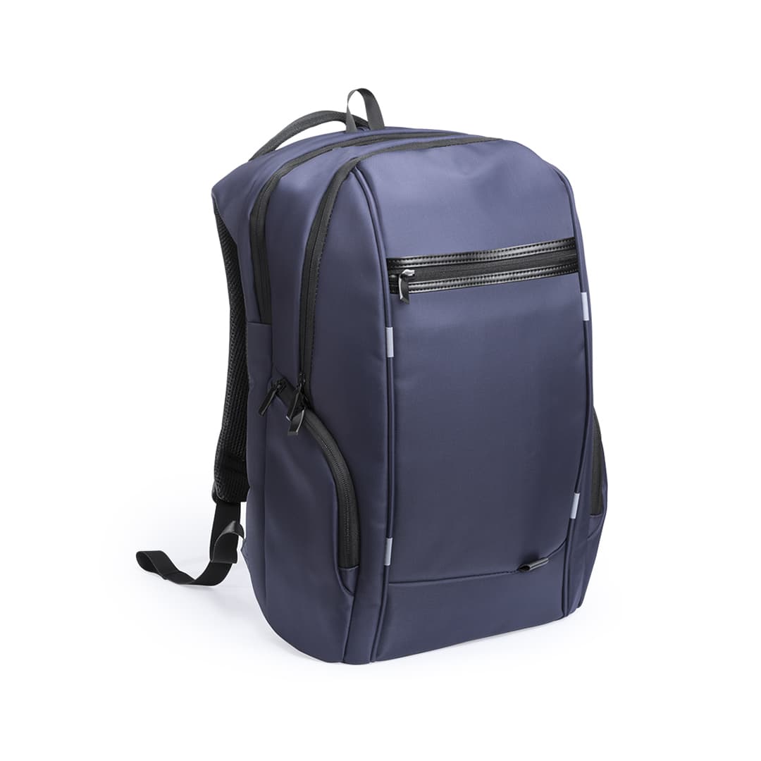 A navy blue backpack with a front zip pocket and mesh sides, featuring adjustable straps and reflective accents. Zircan Backpack - Image 1