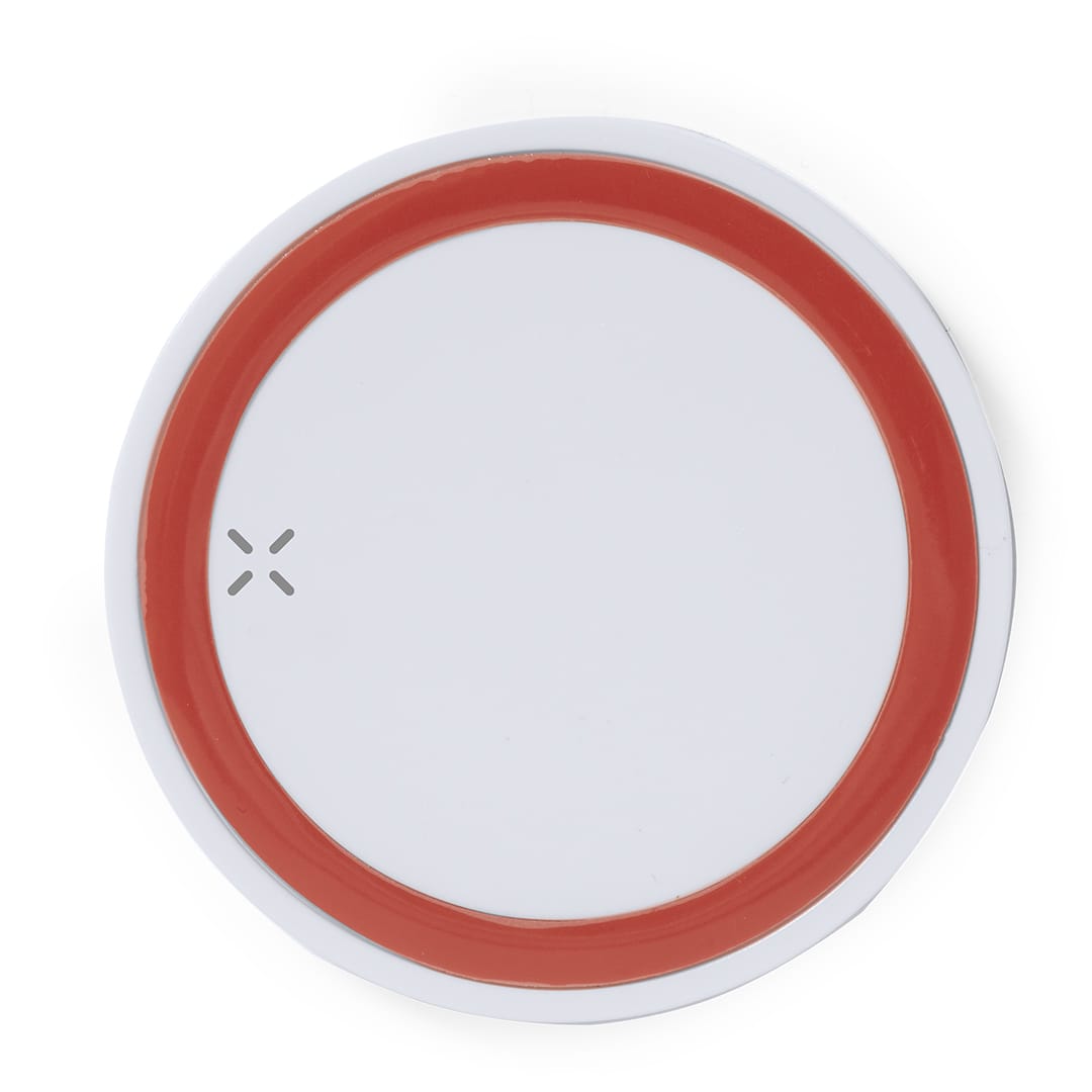 A wireless charger in white and red, featuring a circular design with a logo. Radik Charger - Image 1