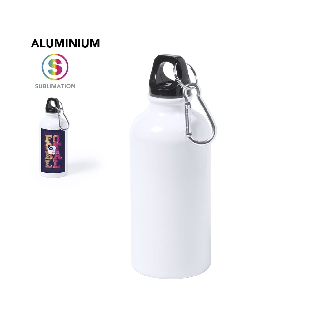 A drink bottle with a white aluminium body and black lid, featuring a carabiner and a design on one side. Greims Sublimation Bottle - Image 1