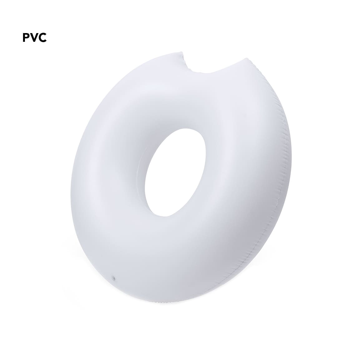 A white inflatable air mattress in a donut shape, made of PVC material. It features a central hole. Donutk Air Mattress - Image 1