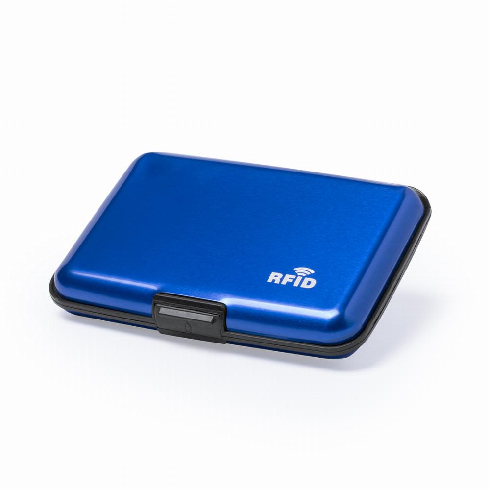 A blue RFID blocking card holder with a sleek design and a secure clasp. It features a branding logo on the front. Rainol - Image 1
