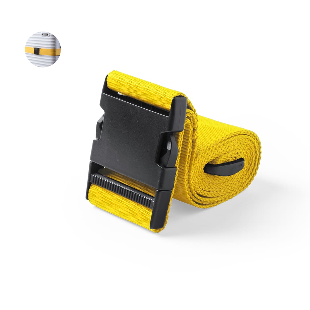A yellow luggage strap with a sturdy black buckle, neatly rolled with a simple logo visible on one side. Ripley Luggage Strap - Image 1