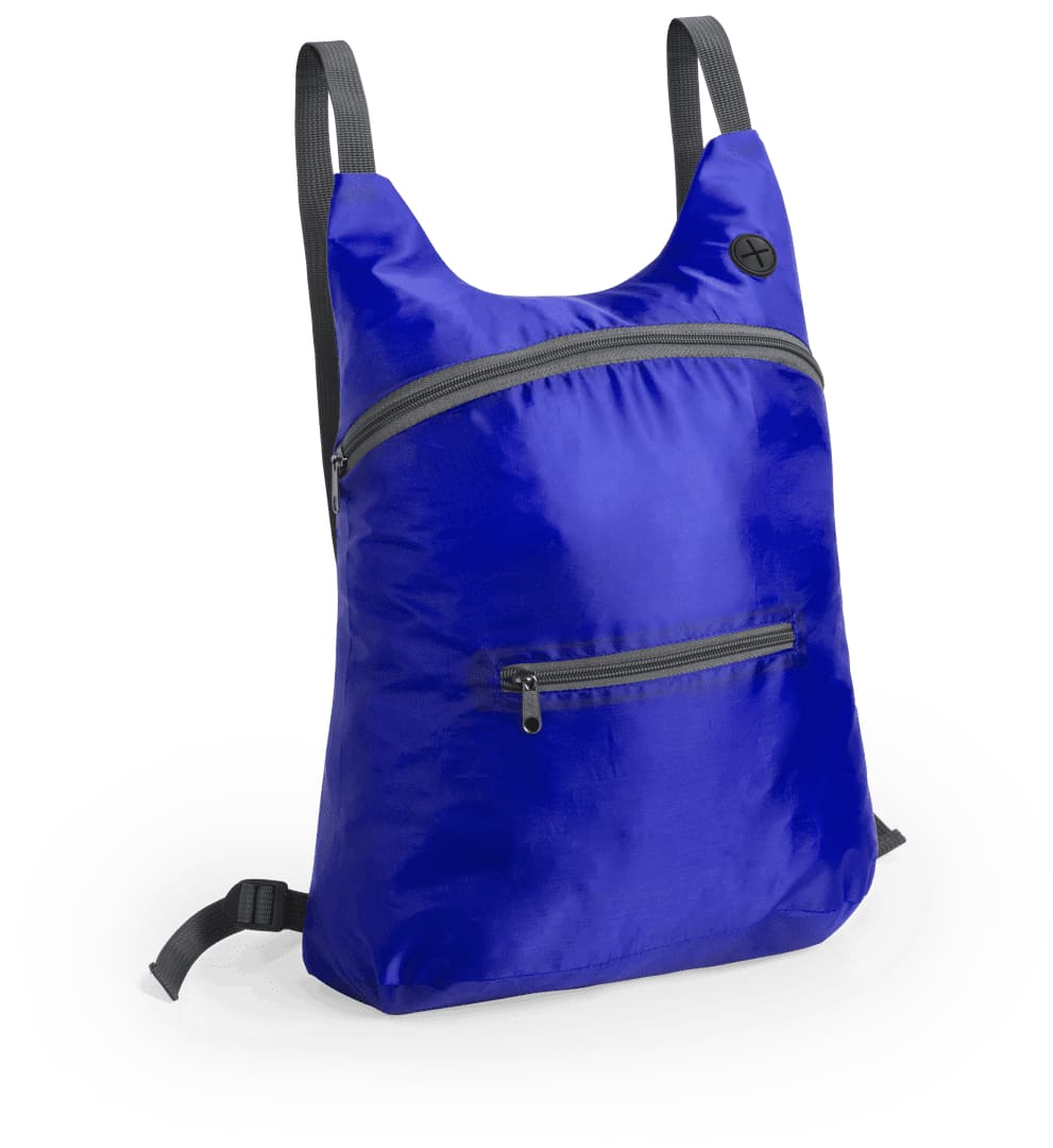 A foldable backpack in bright blue with a zippered front pocket and adjustable straps. It features a logo on the side. Mathis Foldable Backpack - Image 1