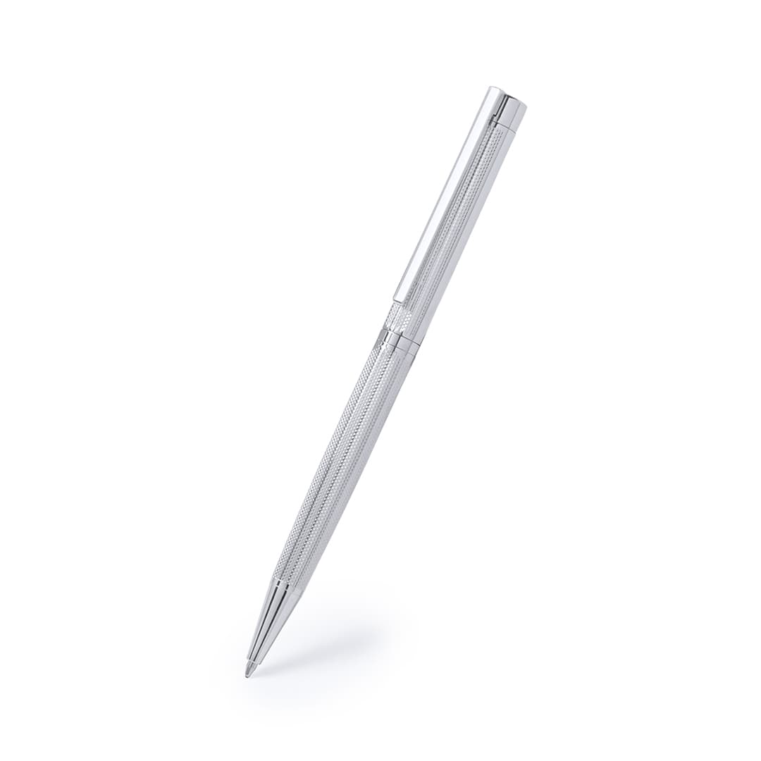 A silver metal pen with a textured design and a retractable tip. It features a branding logo. Yodel Pen - Image 1