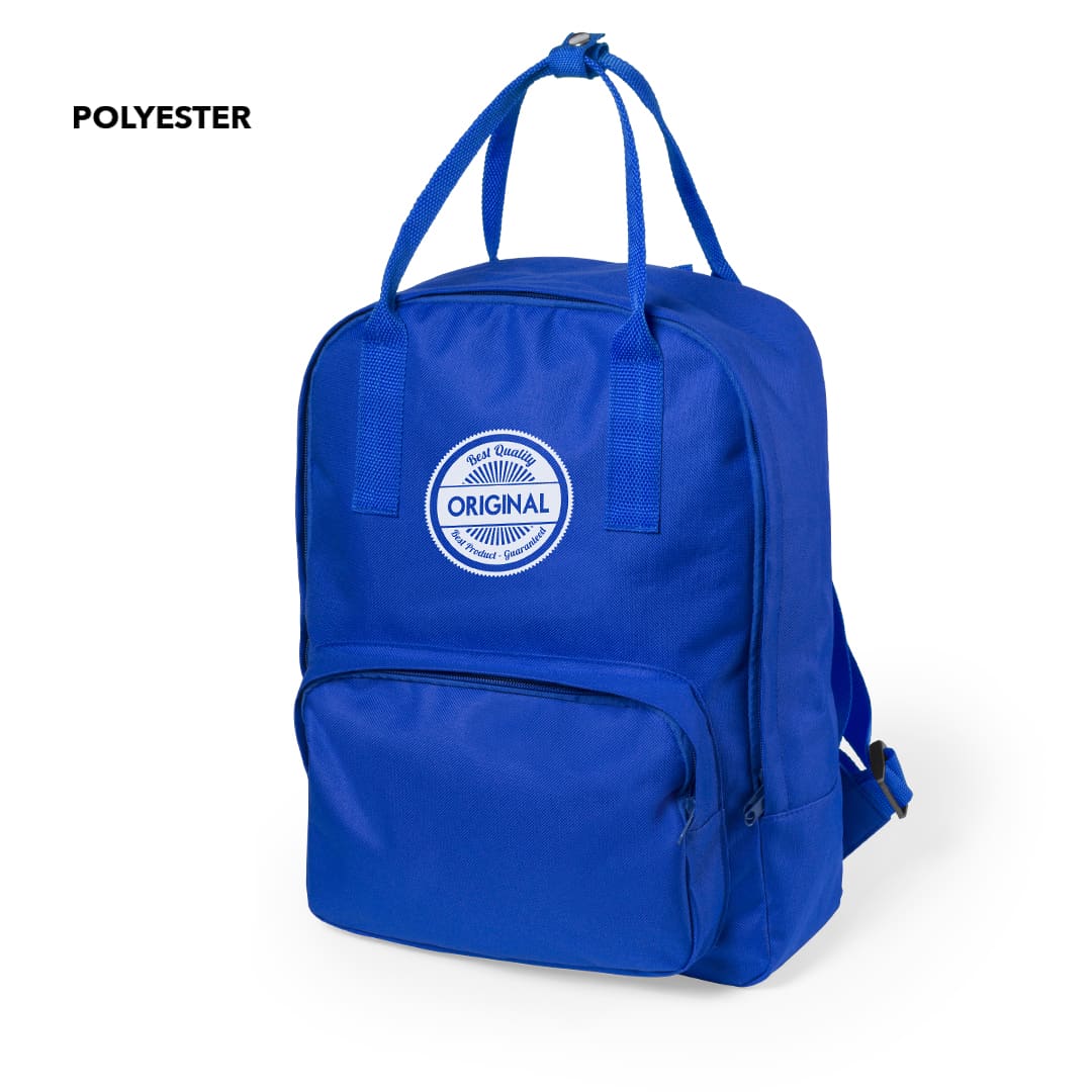 A blue backpack made of polyester, featuring a front pocket and a logo. Soken Backpack - Image 1