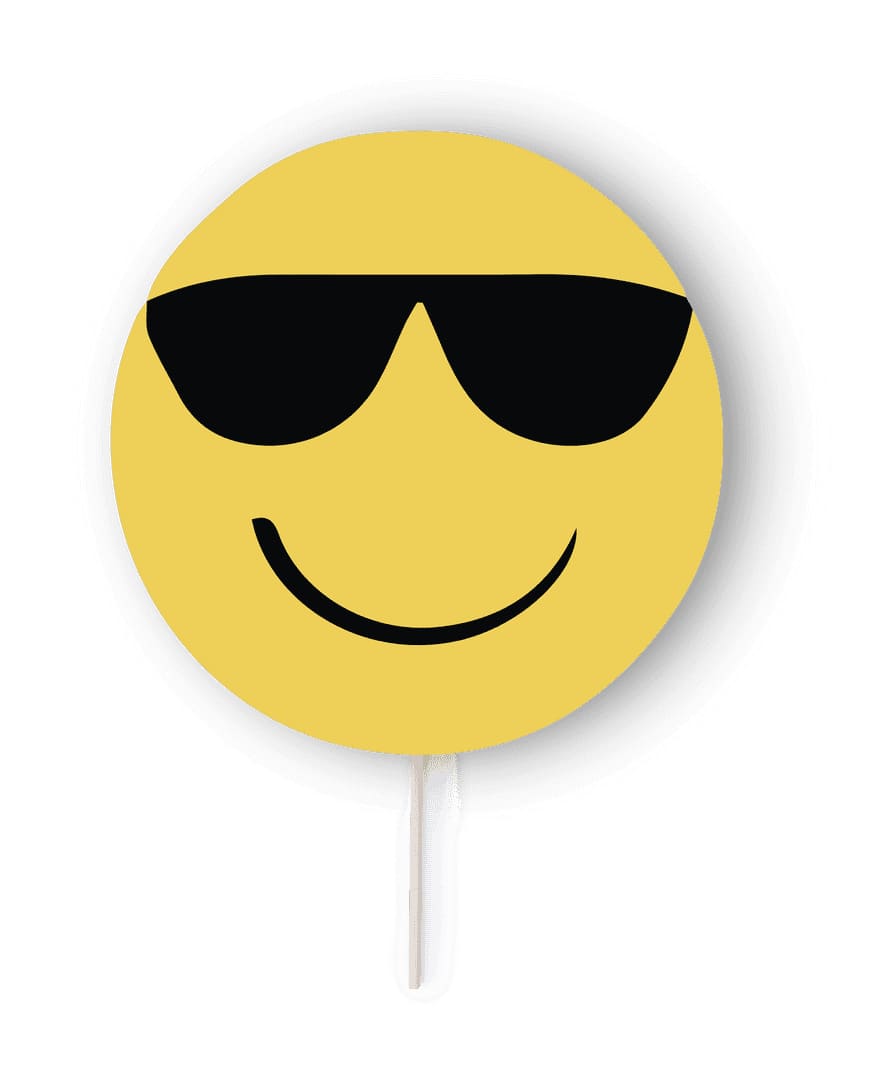 A yellow circular fan with a smiley face design and black sunglasses, attached to a stick. Emoty Selfie Pai Pai - Image 1