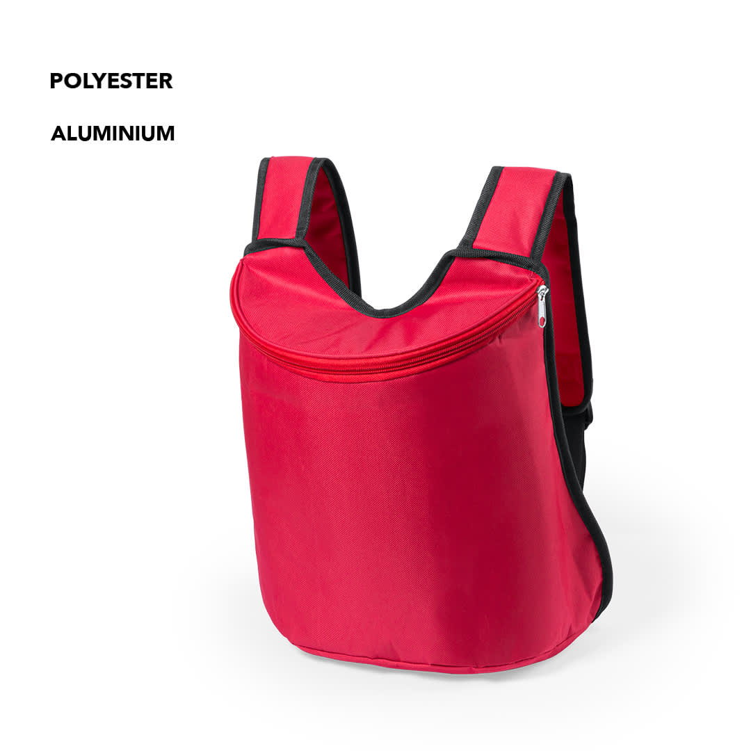 A red cooler bag backpack with adjustable straps, featuring a zippered front pocket and a logo. Polys Cool Bag Backpack - Image 1