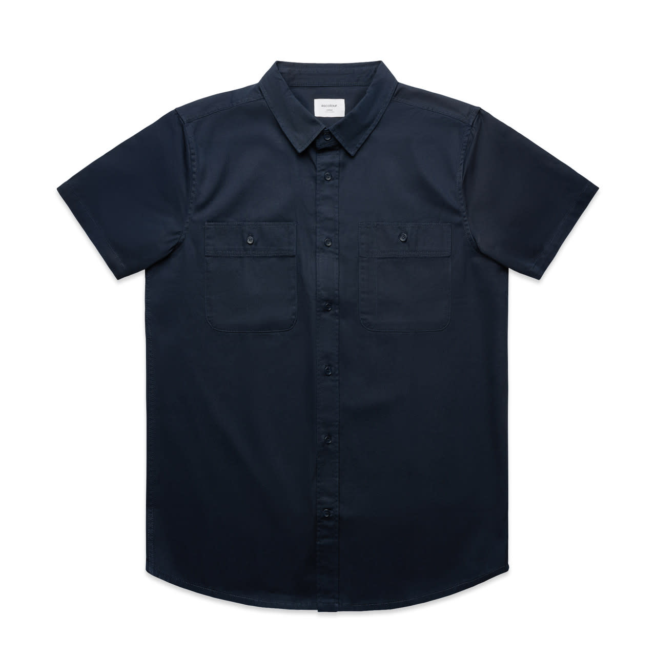 A short-sleeved work shirt in navy blue with two chest pockets and a collar, featuring a logo. Work S/S Shirt - Image 1