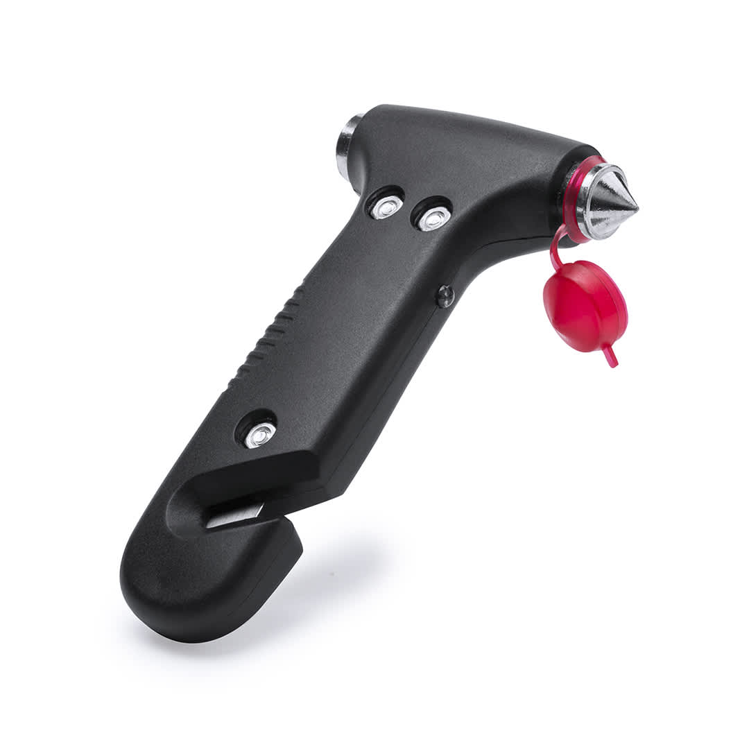 A black emergency hammer with a pointed end and a hook design, featuring a red cap attached with a cord. Seleter Emergency Hammer - Image 1