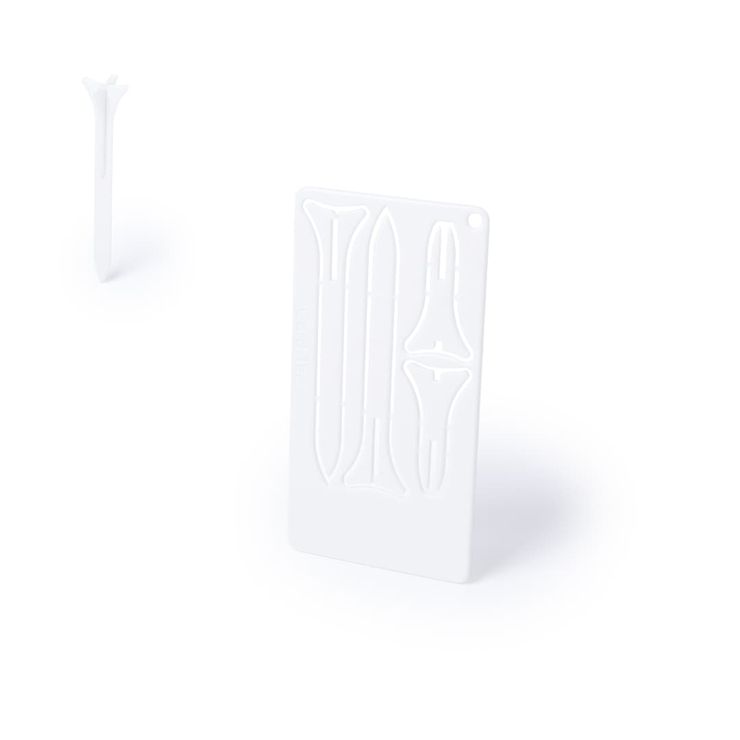 A white plastic card featuring multiple golf tees, designed for easy storage and transport. Tunker Golf Tee Card - Image 1