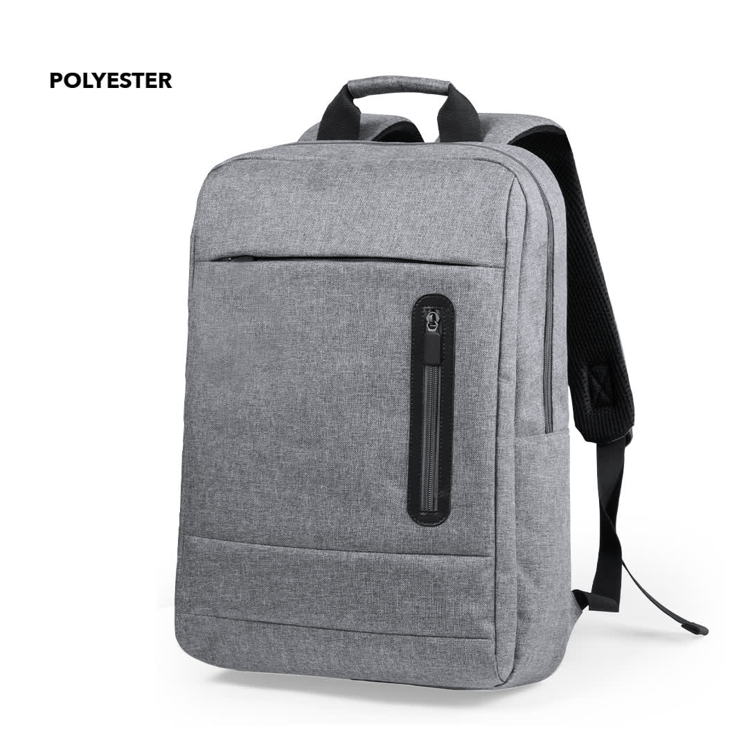 A grey polyester backpack with a front zip pocket and adjustable straps. Features a top handle for easy carry. Nevium Backpack - Image 1