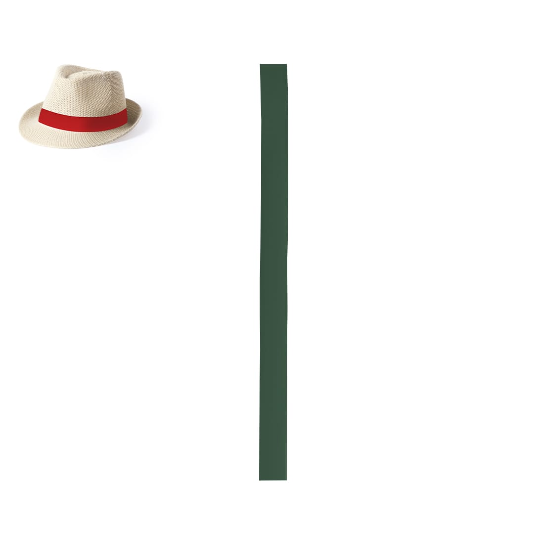 A beige hat with a red band alongside a green polyester hatband. The hatband is long and narrow. Polyester Hatband - Image 1