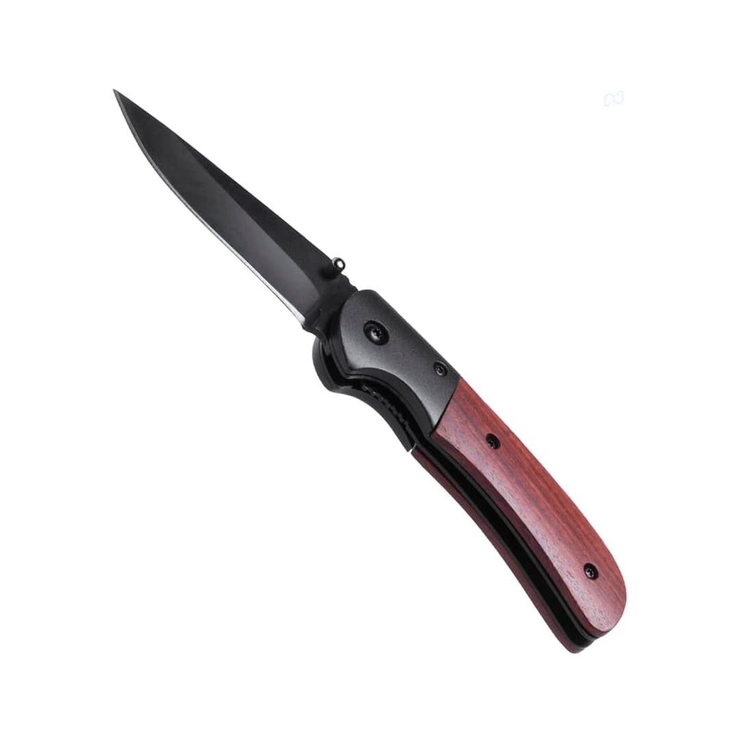 A pocket knife with a black blade and wooden handle, featuring a logo on the metal casing. Dertam Pocket Knife - Image 1