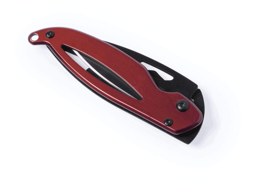 A red and black pocket knife with a folding design and a branded logo. Thiam Pocket Knife - Image 1